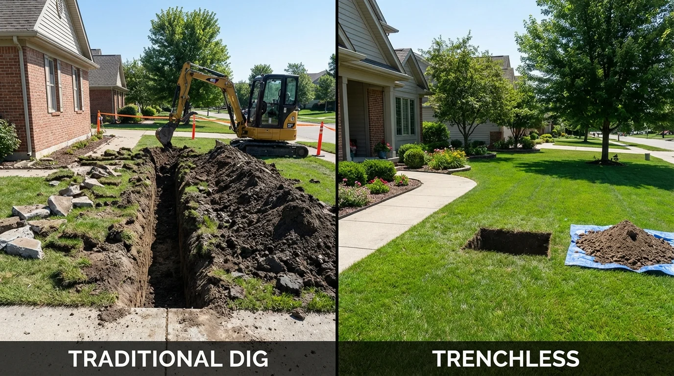 Trenchless sewer repair with minimal yard damage versus traditional excavation in Greene, ME