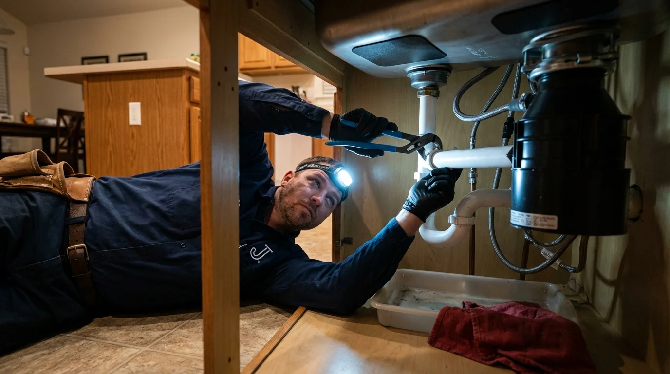 P-trap and supply line connections under a kitchen sink showing a common leak point in Greene, ME